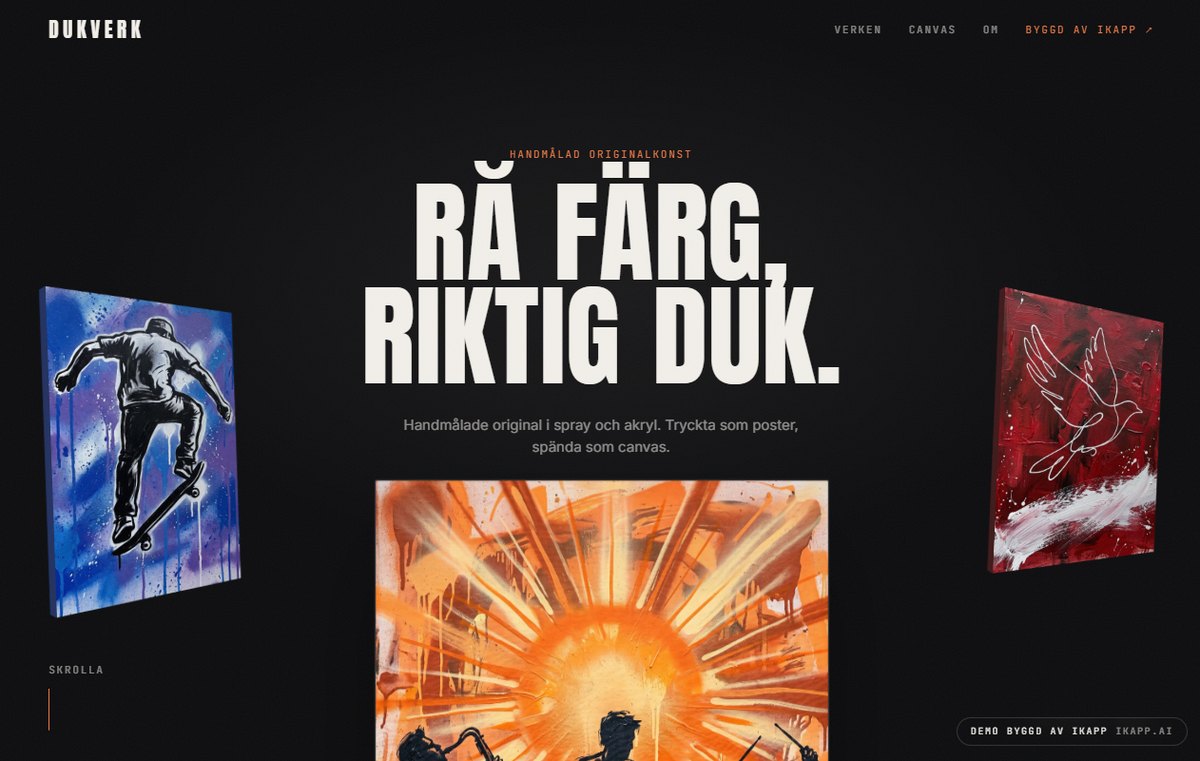 Gallerisajten: m&ouml;rk sida med stora bokst&auml;ver och tre m&aring;lningar